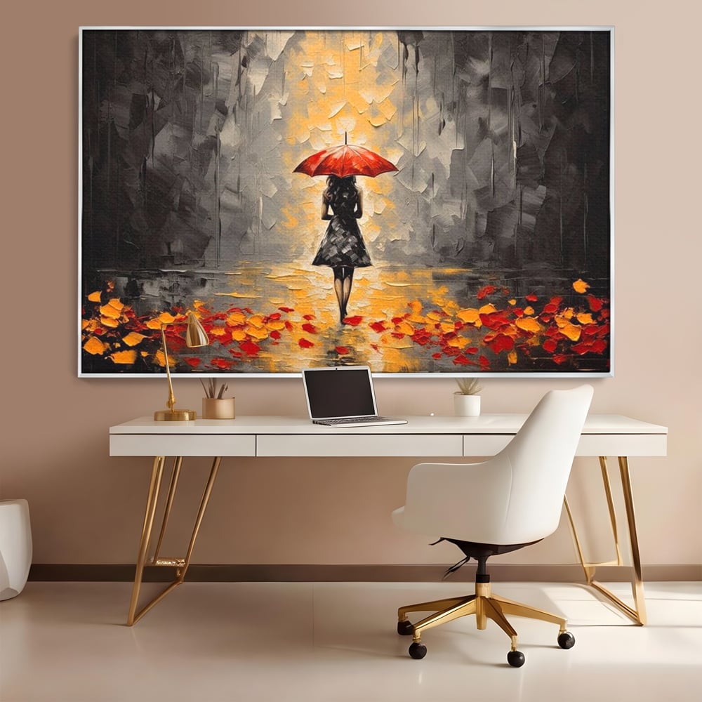 Tablou canvas cu tablou canvas cu femeie sub umbrela rosie, in rama de aluminiu argintiu, pe perete intr-un birou